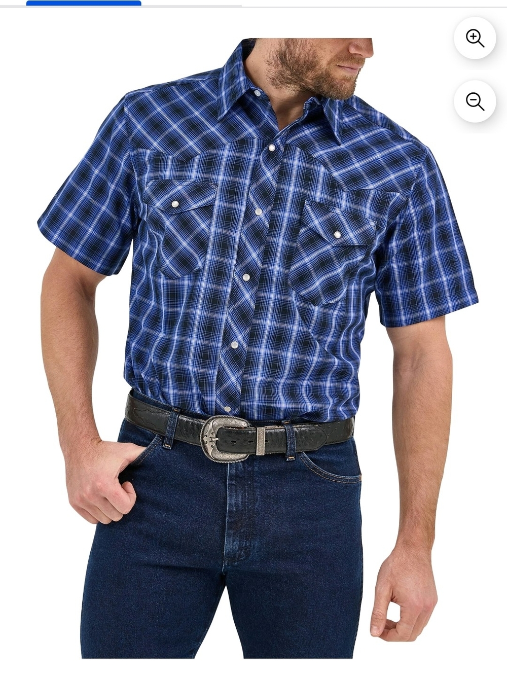 Wrangler Pearl Snap Blue Plaid Short Sleeve Western Button Down Shirt
